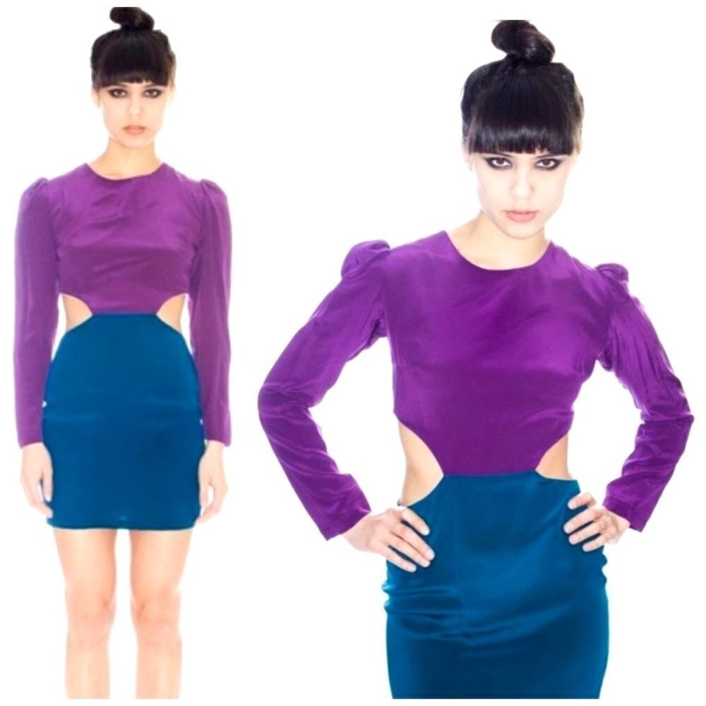 Naven By Revolve Silk Purple And Turquoise Long Sleeve Cut Out Mini Dress Size S